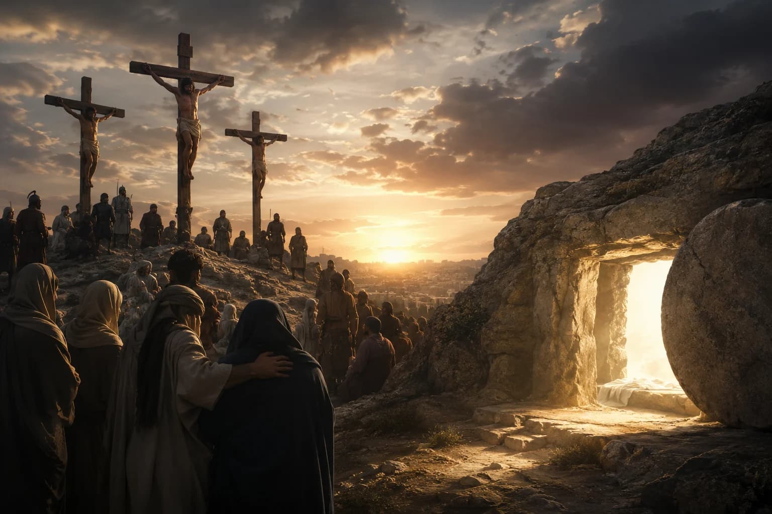 The crucifixion of Jesus and the early Christian belief in his resurrection.