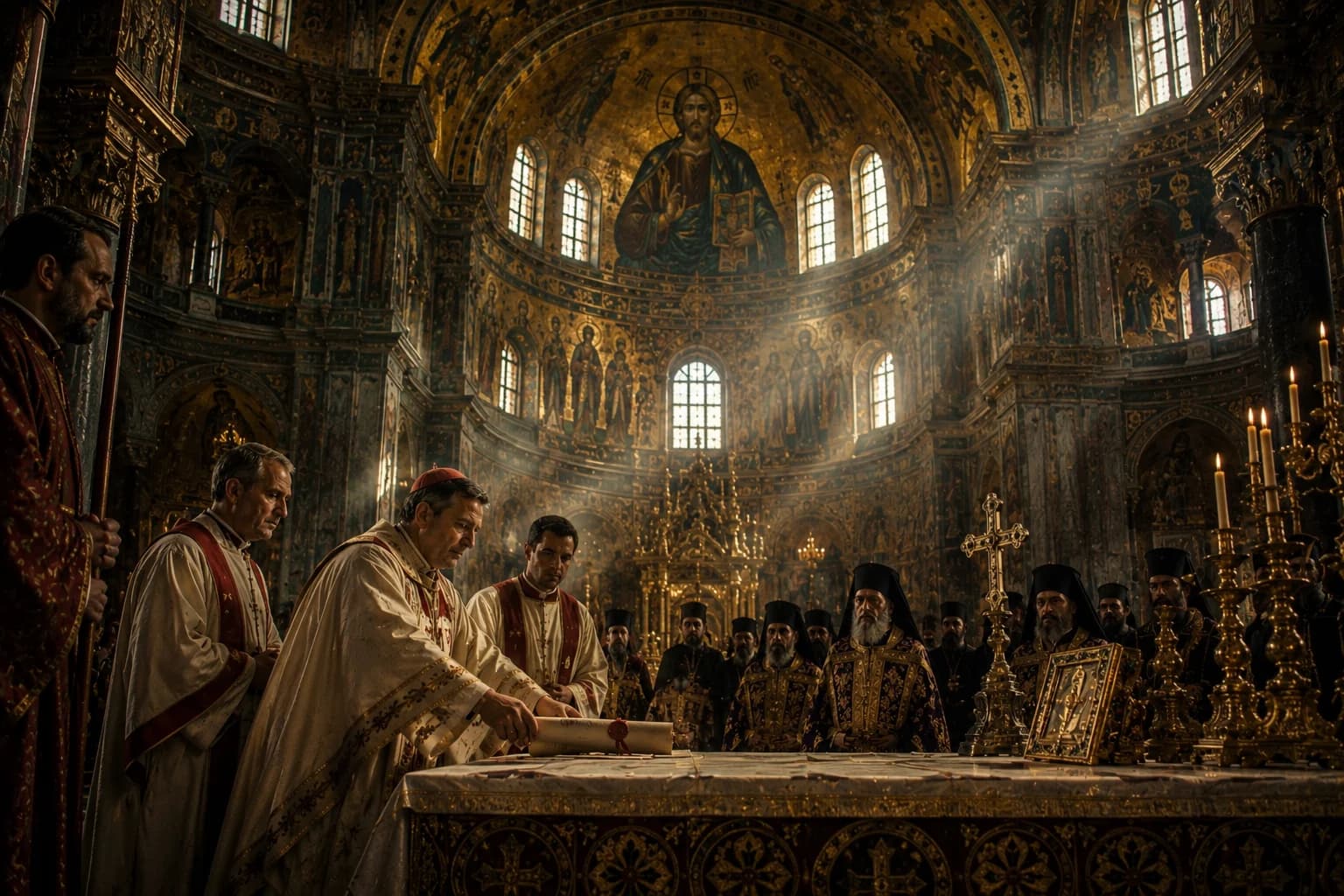 Rome and Constantinople divided by the Great Schism between Catholic and Orthodox Christianity.