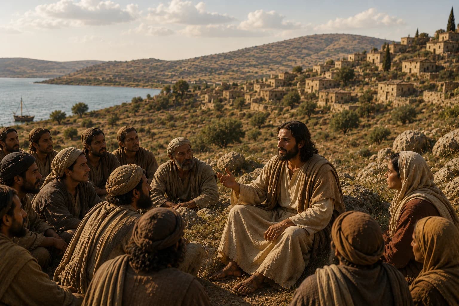 Jesus teaching followers in Roman Judea during his public ministry.