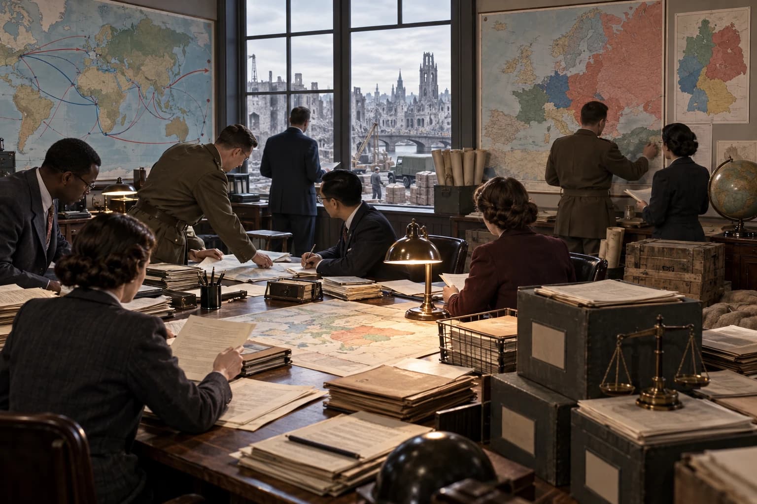 Postwar diplomats, clerks and relief planners study maps, trial files and reconstruction papers in 1945.
