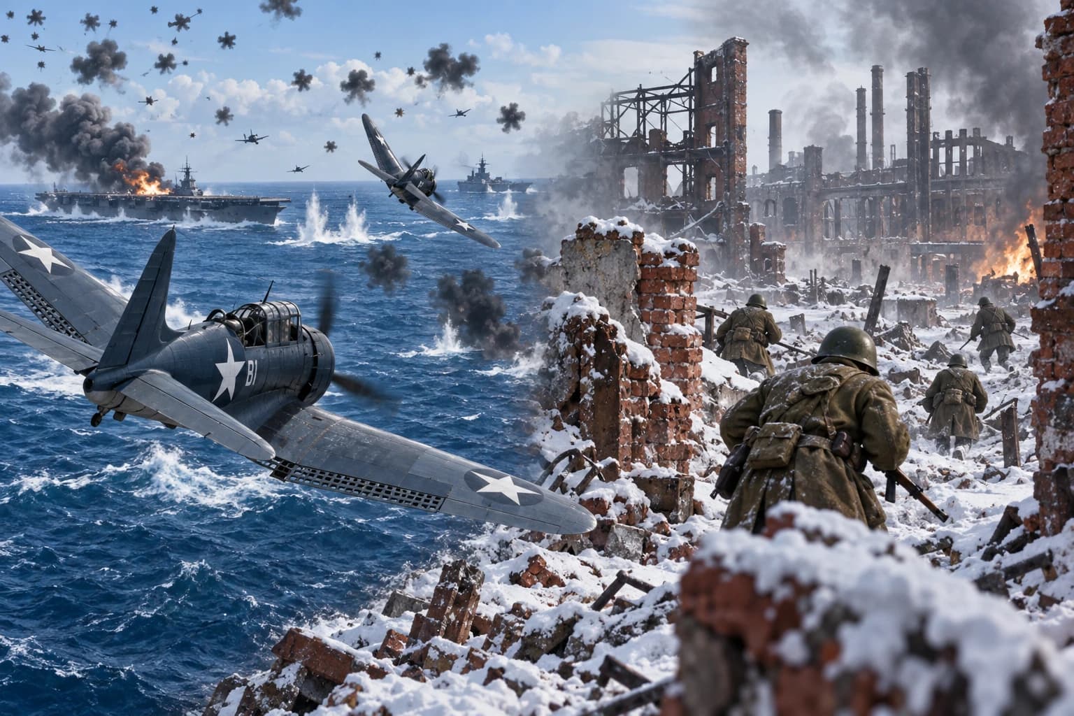 Carrier aircraft fight near Midway while Soviet infantry advances through ruined Stalingrad, showing the 1942 Allied turn.