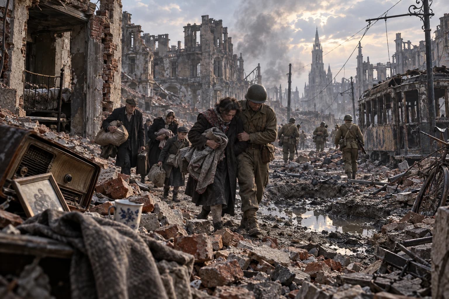 Civilians and soldiers move through a ruined European city street at the end of the Second World War.