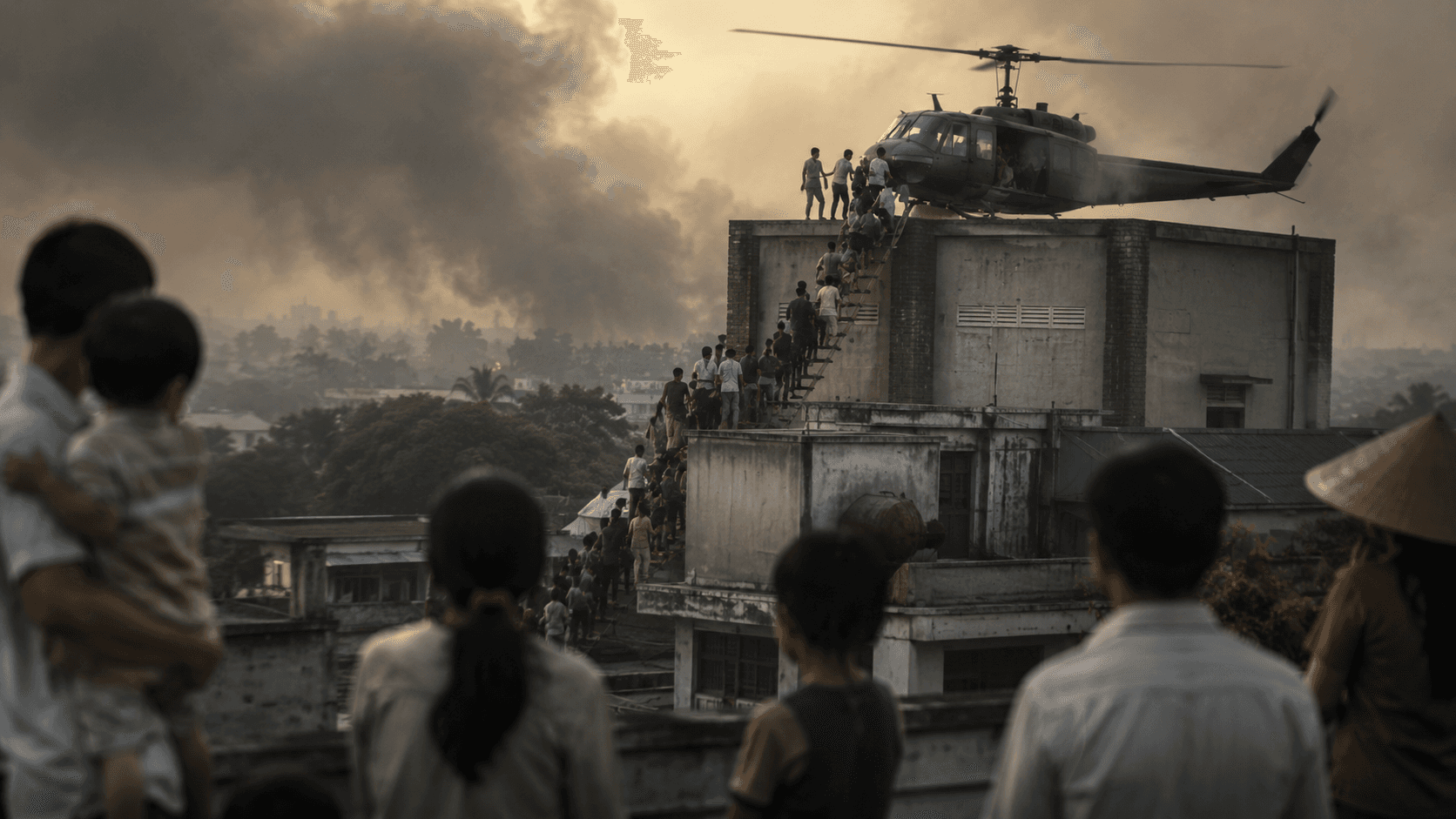 A helicopter evacuation from a Saigon rooftop as crowds wait below in smoky evening light.