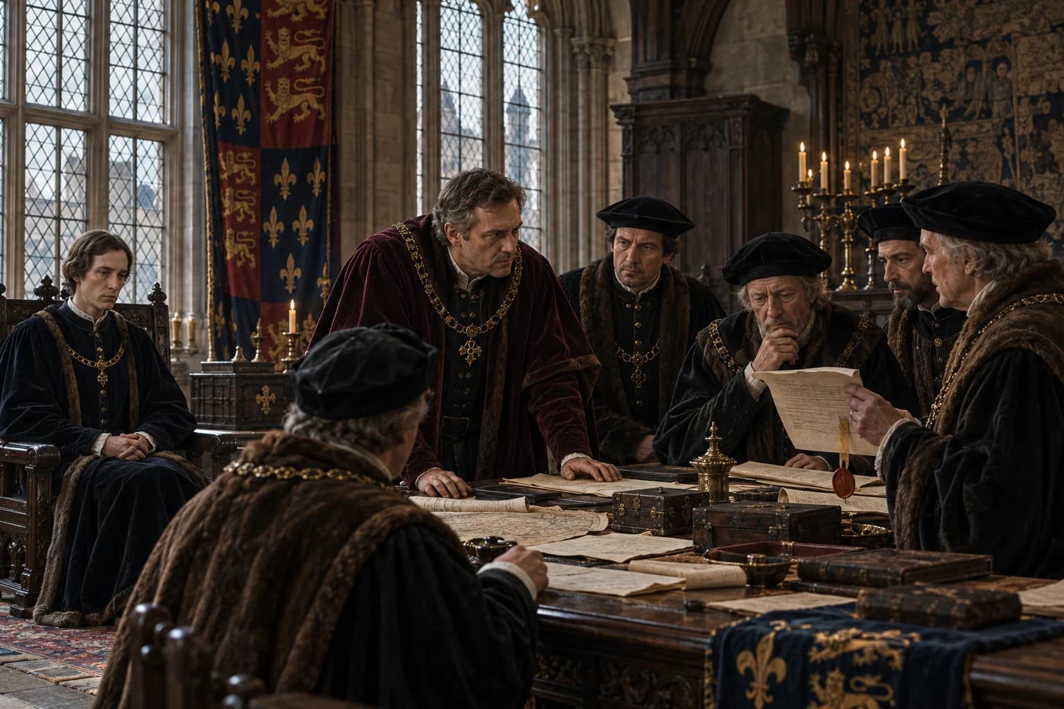 Illustrative reconstruction: councillors discuss royal government while Henry VI sits apart in a medieval chamber.