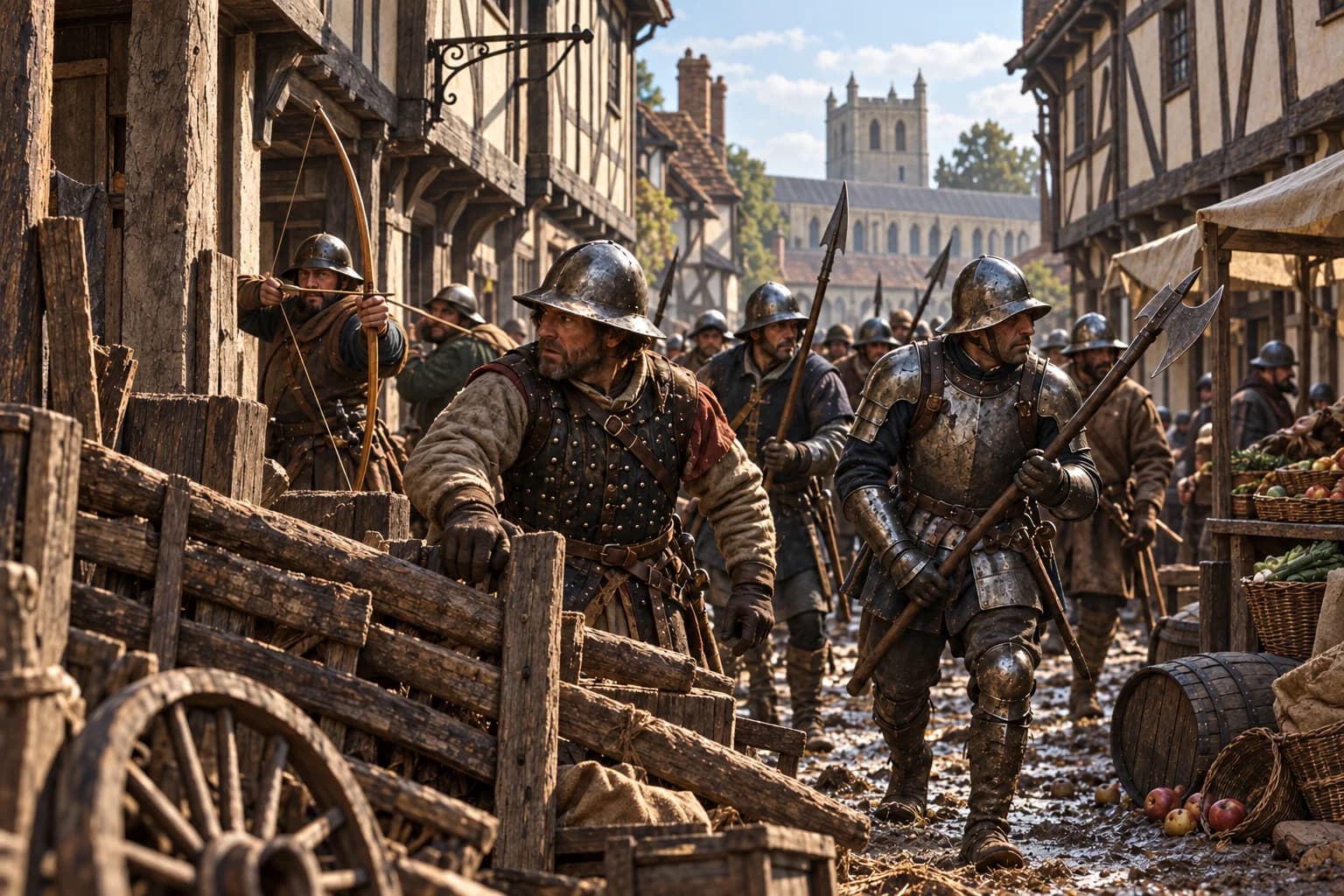 Illustrative reconstruction: armed retainers pass a barricade in a narrow street at St Albans in 1455.