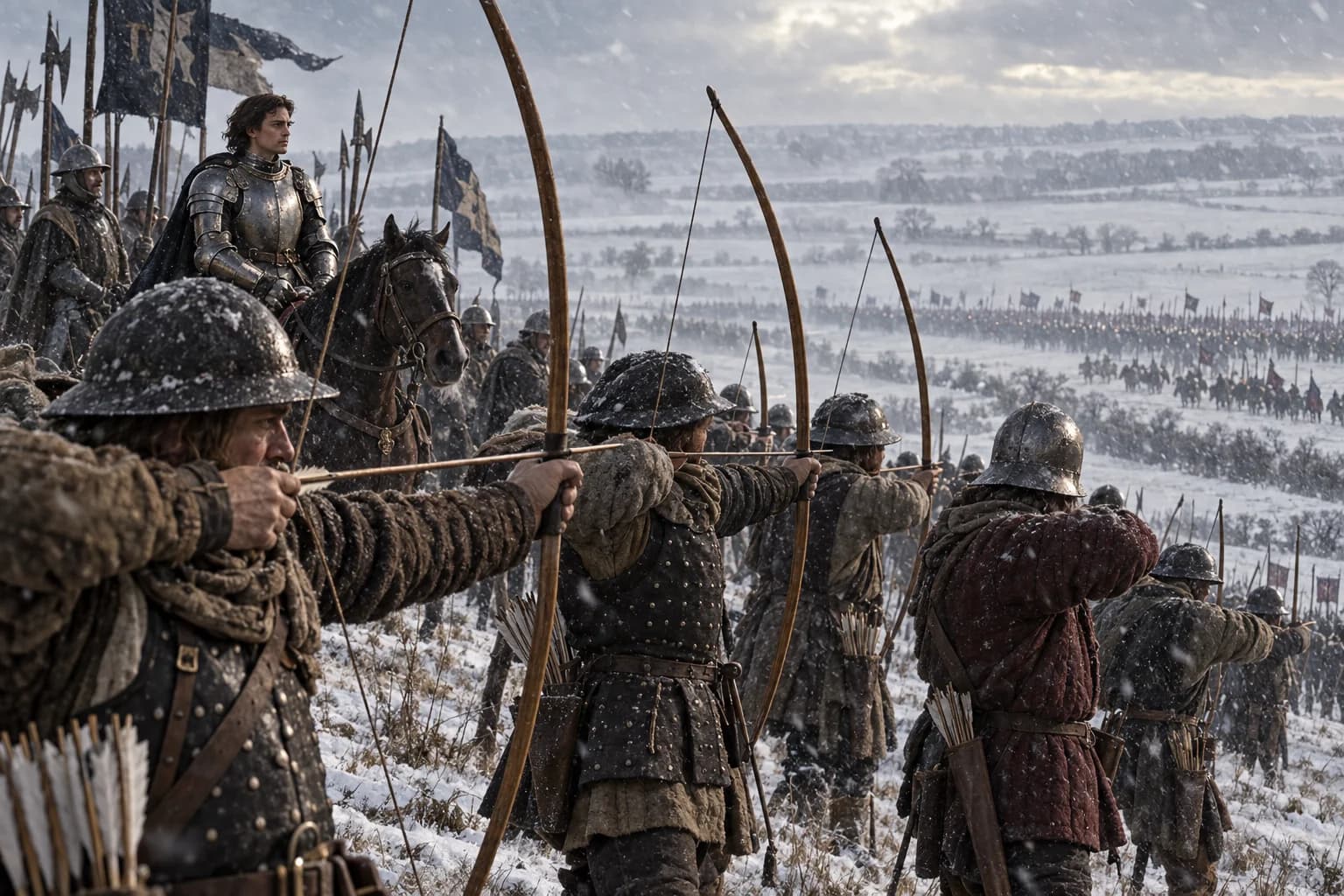 Illustrative reconstruction: longbowmen face wind-driven snow on the open fields near Towton in 1461.
