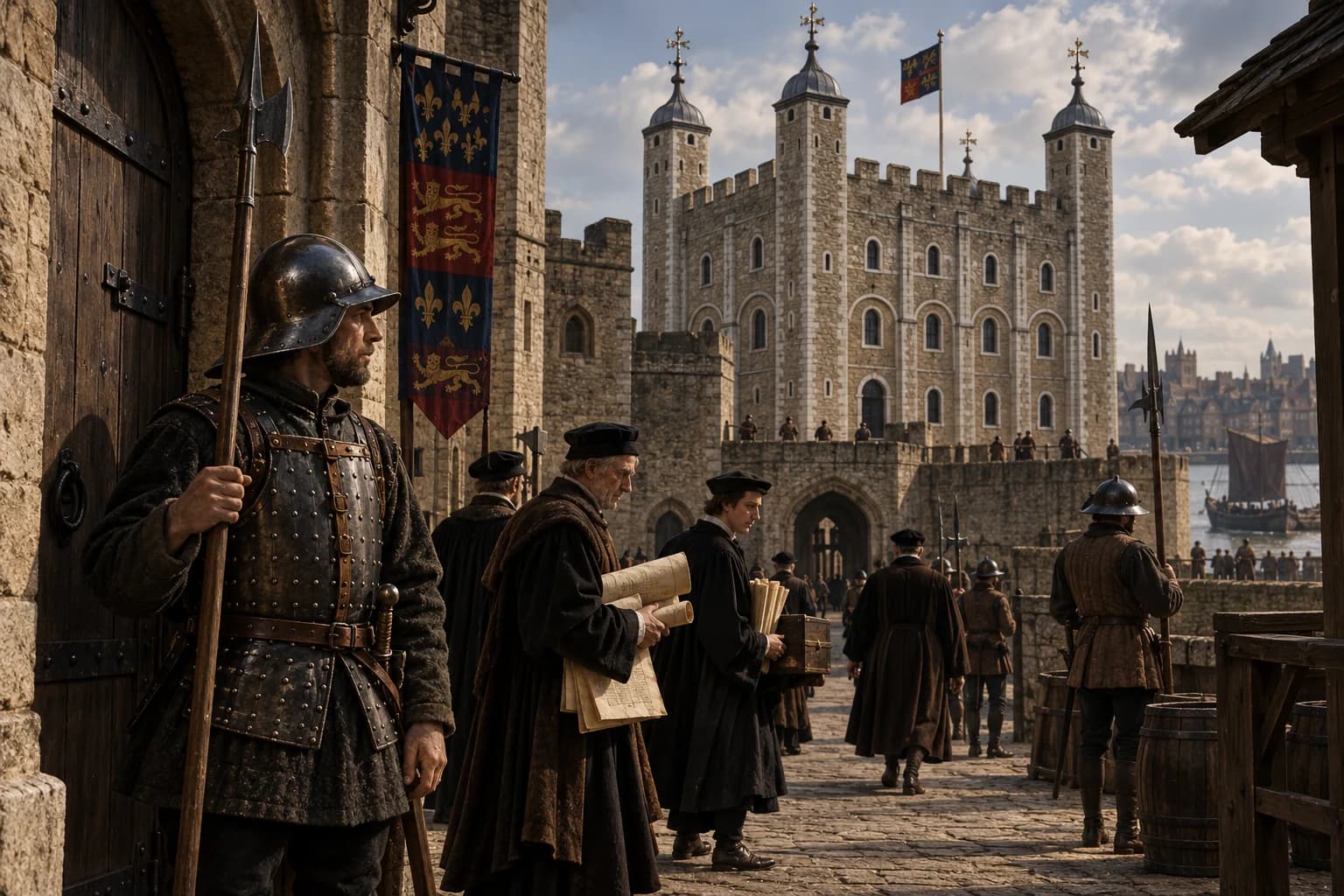 Illustrative reconstruction: a sentry guards a doorway in the medieval Tower of London in 1483.