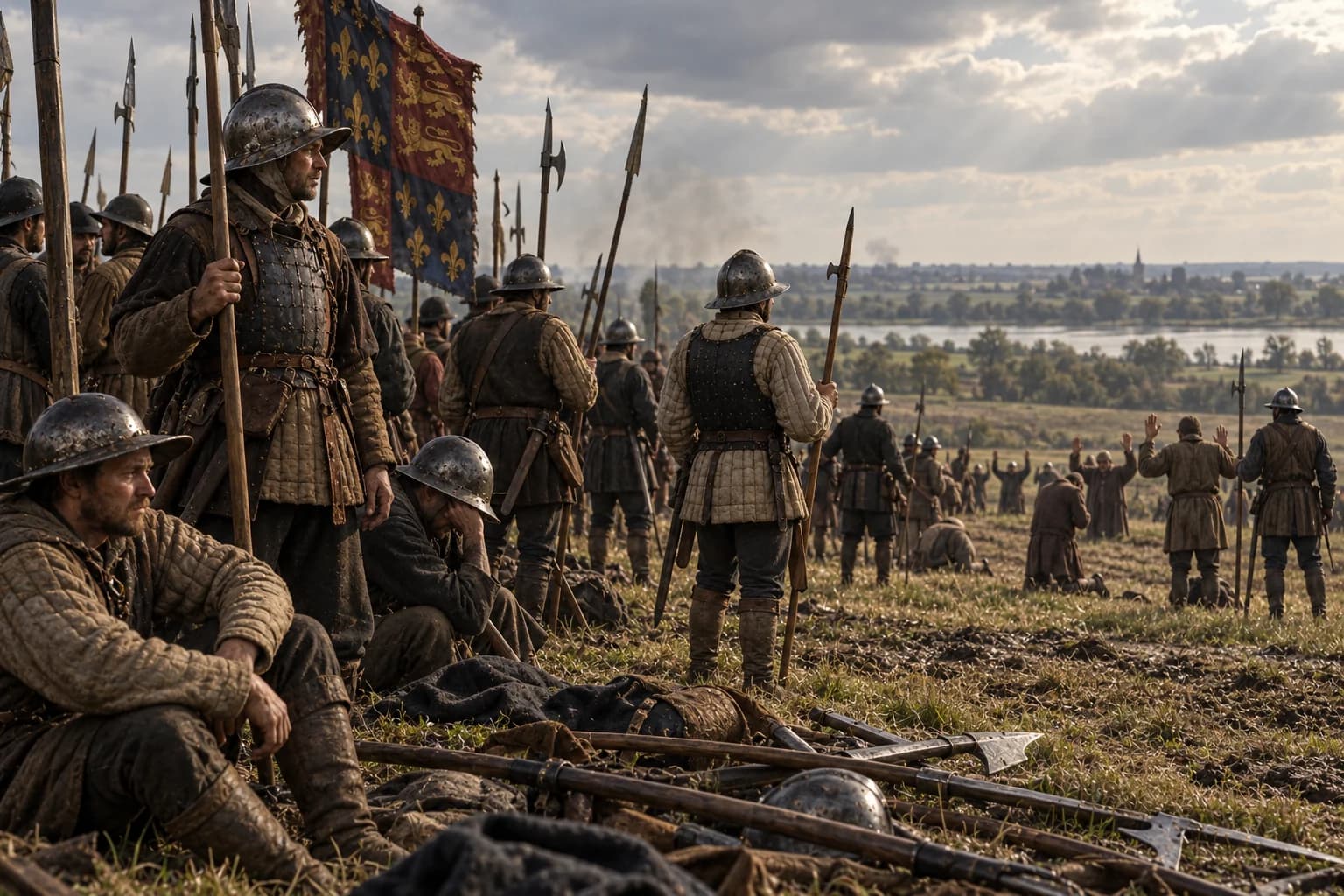 Illustrative reconstruction: exhausted royal infantry stand near the River Trent after Stoke Field in 1487.