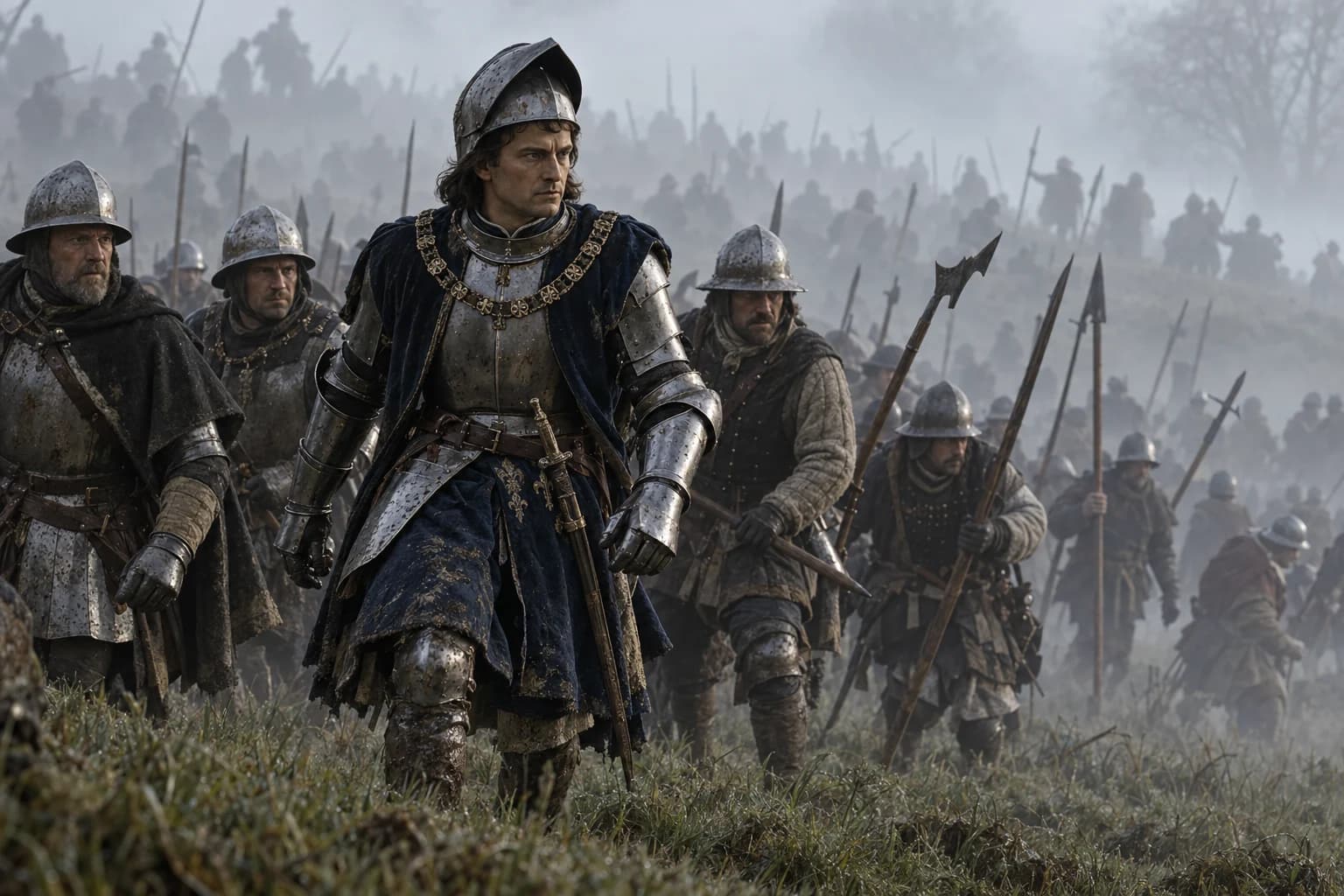 Illustrative reconstruction: Edward IV’s men advance through fog near Barnet in April 1471.