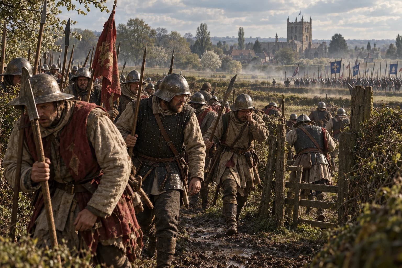 Illustrative reconstruction: infantry retreat through hedged fields with Tewkesbury Abbey in the distance.