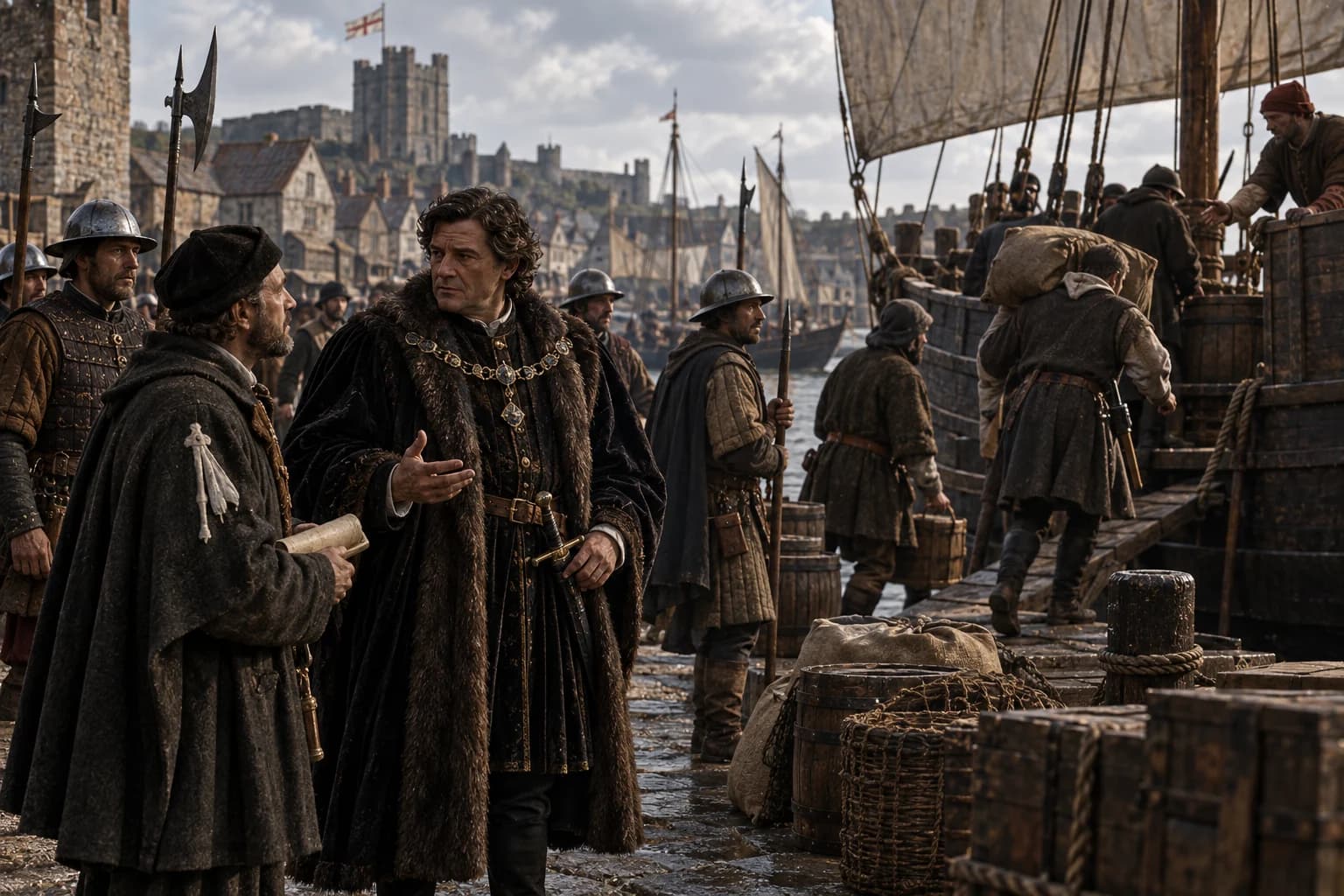 Illustrative reconstruction: Warwick’s followers prepare to board a ship at a Channel harbour in 1470.