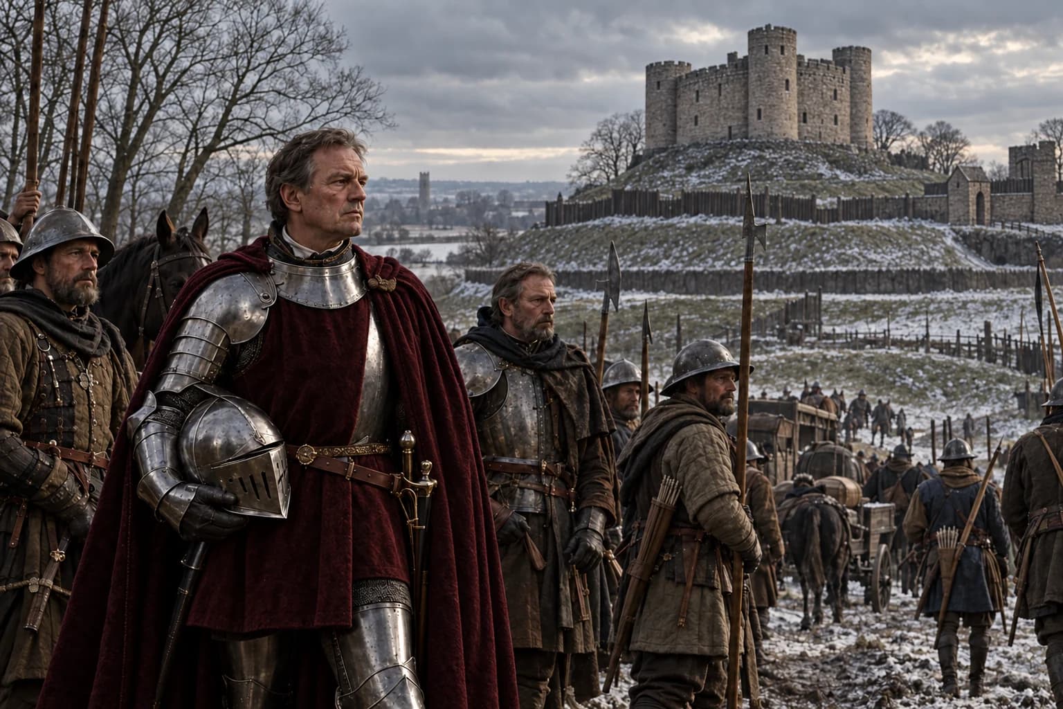 Illustrative reconstruction: Richard, Duke of York, and his retinue prepare for a winter campaign outside Sandal Castle.